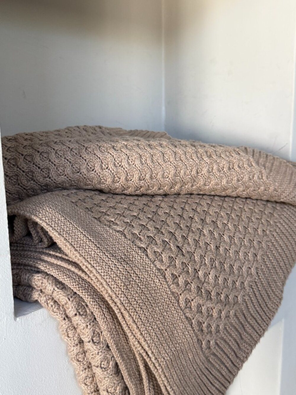 Boll & Branch Organic Cotton Cable Knit Throw Blanket Taupe Beige 55x70